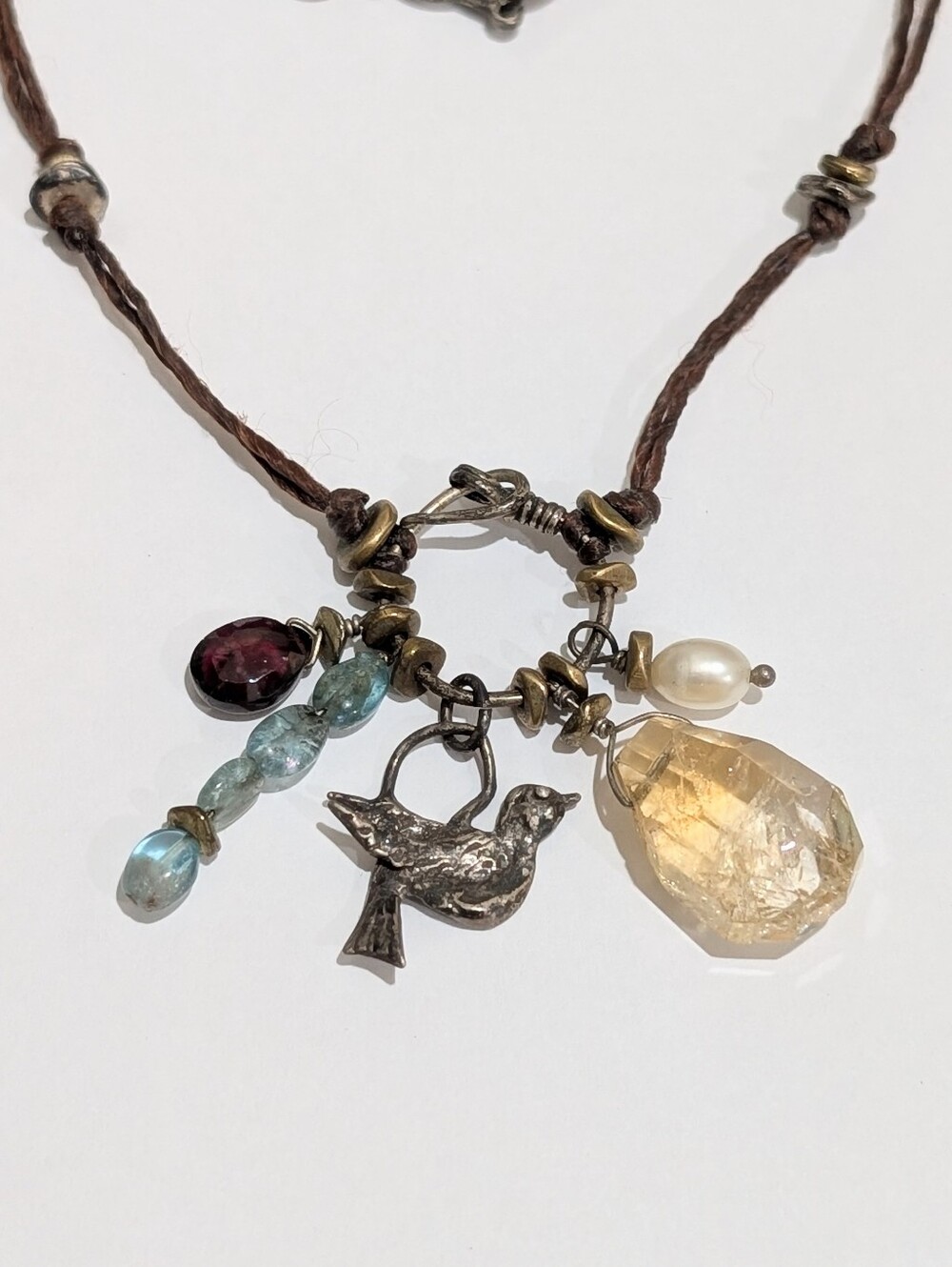 Boho Sterling Silver Bird Citrine Garnet Aquamarine Pearl 18" Silk Necklace